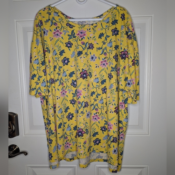 Woman Within Women's Size 3X 30/32 Yellow Floral Round Neck Short Sleeve T-Shirt - Picture 2 of 6